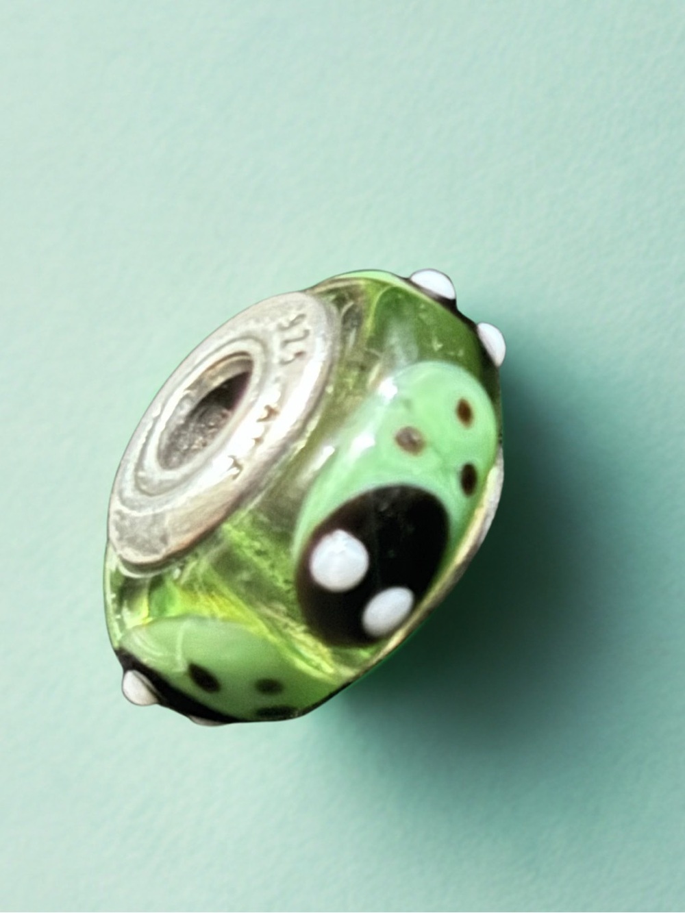 Retired Pandora Charm Green Ladybug Murano Glass Sterling Silver Bracelet Bead